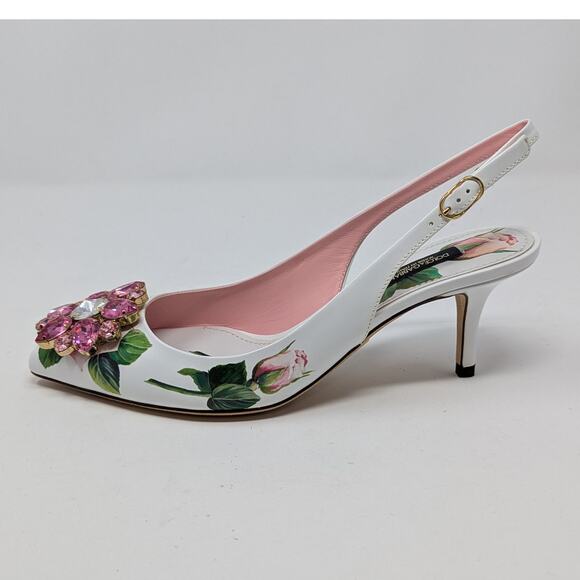 Dolce & Gabbana Jeweled Bellucci Floral Print Slingback Heels White and Pink 35 - Picture 14 of 16